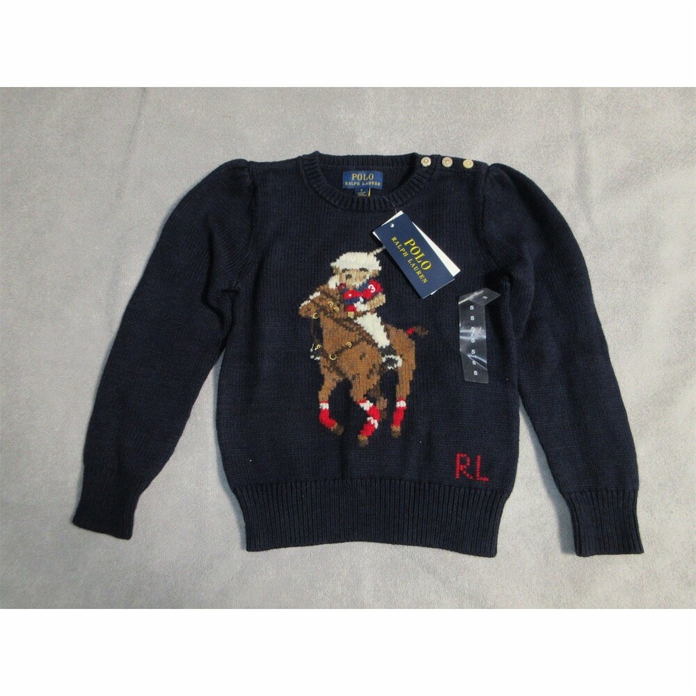 Polo Ralph Lauren Little Girl’s Navy Polo Bear Equestrian Crew Neck Sweater Sz 5